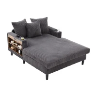 Chaise-longue multifuncional em veludo cotelê, porta-copos em ambos os lados e apoio de braço rebatível, 129x170x70 cm, Cinzento escuro(m-1)