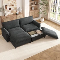 Divano a U con pouf poggiapiedi flessibile e vano portaoggetti nascosto, 216x77x82 cm, Nero(m-1)