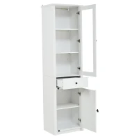 Vitrine alta com iluminação LED, grande espaço de arrumação com 3 prateleiras de vidro, 1 gaveta e 2 portas, 55x40x200 cm, Branco(m-6)