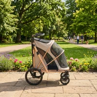 PawHut Carrito para Perros Plegable hasta 20 kg con Ruedas Grandes Suspensión y Freno Ventanas de Malla Cojín Marrón Claro(m-9)