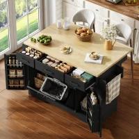Ilha de cozinha móvel com tampo rebatível, rodízios com travão 360°, para 2–4 pessoas, 120x70x87 cm, Preto(m-4)