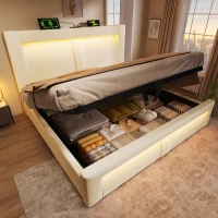 Cama doble 140x200 cm con elevador hidráulico, cabecero tapizado en terciopelo con diseño curvo, sin colchón, 217x143x107 cm, Beige(m-5)