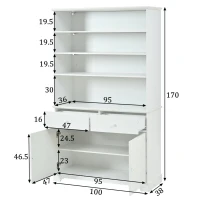 Vitrine de pé com 7 compartimentos, 2 portas, 2 gavetas, iluminação LED integrada, 100x38x170 cm, Branco(m-3)