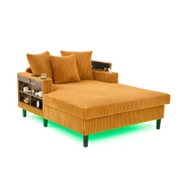 Chaise-longue multifuncional em veludo cotelê, porta-copos em ambos os lados e apoio de braço rebatível, 129x170x70 cm, Amarelo mostarda(m-6)