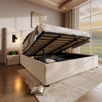 Cama estofada Cama de casal 180x200 cm com candeeiro de leitura giratório, revestida a linho, cabeceira ondulada, sem colchão, 215x252x111 cm, Bege(m-4)