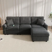 Divano moderno con pouf poggiapiedi, ricarica laterale doppia e 2 cuscini quadrati, 223x146x84 cm, Nero(m-5)