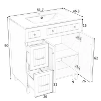 Mobile bagno indipendente con lavabo in ceramica, piedini in legno e maniglie in metallo, 81.7x46.8x90 cm, Bianco(m-3)
