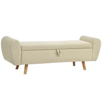 HOMCOM Banco Almacenaje 150 cm Tapizado en Pana Banco Pie de Cama con Brazos Redondeados y Patas de Madera Beige(m-1)