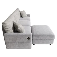 Sofá moderno com pufe, função de carregamento com duas portas, incl. 2 almofadas quadradas, almofadas de assento removíveis, 223x146x84 cm, Cinzento(m-7)