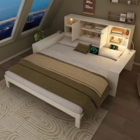 Cama com arrumação 90x200 cm, cama de hóspedes extensível 180x200 cm, 3 prateleiras reguláveis em altura, 237x133x100 cm, Branco(m-4)