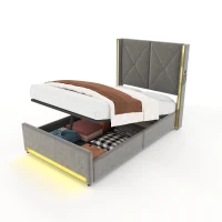Cama em veludo com cabeceira acolchoada e matelassada, bolsos laterais, adequada para colchão 90X200 cm, 100x213x141 cm, Cinzento escuro(m-8)