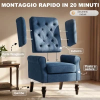 HOMCOM Poltrona per Salotto in Stile Francese con Seduta Imbottita e Cuscini, in Velluto, 74x86x102 cm, Blu(m-7)
