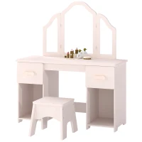 AIYAPLAY Coiffeuse pour Enfants avec Tabouret et Miroir à Trois Volets en Acrylique, 2 Tiroirs et 2 Placards, Rose(m-18)