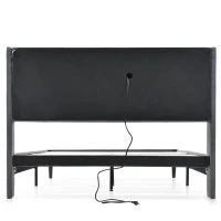 Cama doble tapizada con cabecero con almacenaje, somier de lamas de madera maciza y metal, para colchón 160X200 cm, sin colchón, 223x169x107 cm, Gris(m-11)