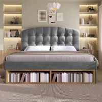 Cama de casal 140x200 estofada com estrado de ripas, cabeceira curva regulável em 3 alturas, sem colchão, 207x151x120 cm, Cinzento(m-4)