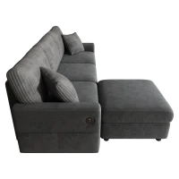 Divano moderno con pouf poggiapiedi, ricarica laterale doppia e 2 cuscini quadrati, 223x146x84 cm, Nero(m-7)