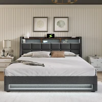 Cama estofada 140x200 cm com colchão, sistema de elevação a gás com arrumação, estrado de ripas metálicas e cabeceira estofada em linho, 210x145x117 cm, Cinzento(m-5)