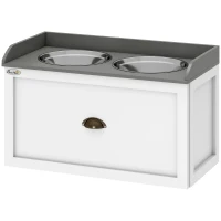 PawHut Gamelle double chien chat - porte-gamelles surélevé rangement 2 en 1 - tiroir, 2 gamelles - acier inox. MDF blanc gris(m-11)