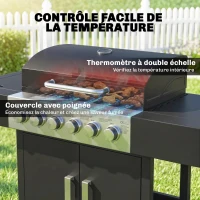 Outsunny Barbecue à gaz 6+1 brûleurs, chariot d'extérieur avec roues, grille de maintien au chaud, thermomètre, étagères latérales, noir(m-6)