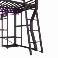 Cama alta 140x200 cm com secretária integrada, fita LED regulável e tomada integrada, 204x181,5x180 cm, Preto(m-9)