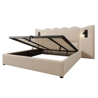 Cama estofada Cama de casal 180x200 cm com candeeiro de leitura giratório, revestida a linho, cabeceira ondulada, sem colchão, 215x252x111 cm, Bege(m-8)