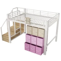 Letto matrimoniale a soppalco 140x200 cm con scala contenitore e ripiani in tessuto, 251,5x145x140 cm, Bianco(m-8)