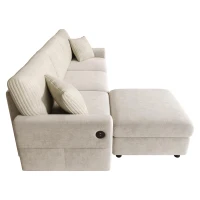 Sofá moderno com pufe, função de carregamento com duas portas, incl. 2 almofadas quadradas, almofadas de assento removíveis, 223x146x84 cm, Bege(m-6)