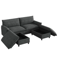 Divano a U con pouf poggiapiedi flessibile e vano portaoggetti nascosto, 216x77x82 cm, Nero(m-6)