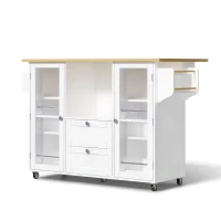 Isla de cocina sobre ruedas con encimera abatible, protección antivuelco y ruedas con bloqueo 360°, 120x70x92 cm, Blanco(m-1)
