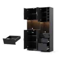 Armário alto moderno de cozinha com adega, prateleiras ajustáveis e 3 gavetas, 105x40x180 cm, Preto(m-9)