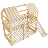 Beliche estilo cabana para crianças com telhado a duas águas, guarda‑corpo no estilo cerca de madeira, para colchões 90x200 cm, sem colchões, 247x171x220 cm, Branco(m-7)