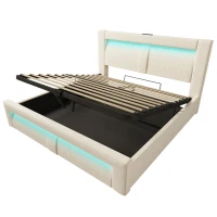 Cama de casal 140x200 cm com arrumação hidráulica, estrutura metálica com estrado de ripas em madeira, 217x143x107 cm, Bege(m-8)