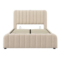 Letto matrimoniale imbottito con spazio contenitore e rivestiento effetto lino, 203x150x102 cm, Beige(m-7)