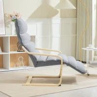 HOMCOM Loungefauteuil van berkenhout, gestoffeerde stoel met verstelbare voetensteun, moderne armleunstoel, lichtgrijs(m-9)