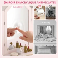 AIYAPLAY Coiffeuse pour Enfants avec Tabouret et Miroir à Trois Volets en Acrylique, 2 Tiroirs et 2 Placards, Rose(m-5)
