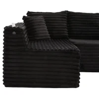 Divano a U in velluto a coste con portabicchieri integrato e tasca laterale, imbottitura a molle, 320x155x88 cm, Nero(m-10)