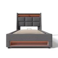 Cama estofada 90x200 cm, espaço de arrumação com pistão a gás e estrado robusto de ripas metálicas, revestimento em linho, 210x95x117 cm, Cinzento(m-1)