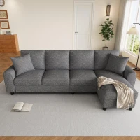 Sofá de canto em L moderno em chenille, encosto reclinável com porta-copos, almofadas de assento removíveis, 280x136x82 cm, Cinzento(m-4)