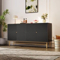 Credenza buffet a 4 ante per soggiorno e cucina con pannelli scanalati, 160x40x82 cm, Nero(m-1)