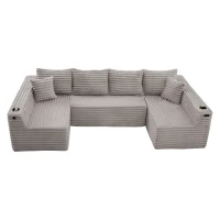 Divano a U in velluto a coste con portabicchieri integrato e tasca laterale, imbottitura a molle, 320x155x88 cm, Grigio chiaro(m-2)