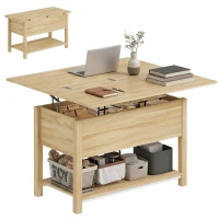 HOMCOM Höhenverstellbarer und ausziehbarer Couchtisch Wohnzimmertisch mit verstecktem Fach offener Ablage 100x45x50,5cm Naturholz(m-8)