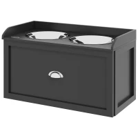 PawHut Gamelle Double Chien Chat - Porte-Gamelles Surélevé Rangement 2 en 1 - Tiroir, 2 Gamelles - Acier Inox MDF Noir(m-12)