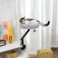 PawHut Lit de Bureau pour Chat Rotation de 360° et Hauteur Réglable, Lit pour Chat Lavable avec Balle Jouet,  35x35x48cm, Gris(m-10)