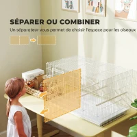 PawHut Cage à Oiseaux Volière Intérieur Acier avec Séparateur, 4 Perchoirs, Plateau Coulissant, 4 Mangeoires, 76x46x46cm, Blanc(m-4)