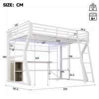Cama alta 140x200 cm com secretária integrada, fita LED regulável e tomada integrada, 204x181,5x180 cm, Branco(m-3)