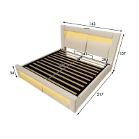 Letto matrimoniale 140x200 cm con leva idraulica, struttura in metallo con rete a doghe in legno, 217x143x107 cm, Beige(m-3)