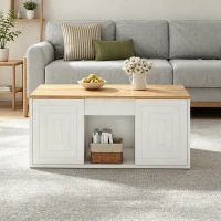 Table basse de salon relevable, deux portes de rangement et larges bords arrondis, 46x95x45 cm, Blanc(m-5)