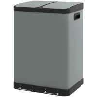 HOMCOM Dubbele Sector Prullenbak, 2 x 30L, Vingerafdrukbestendig, Pedaal, Uitneembare Binnenemmers, Grijs(m-1)