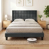 HOMCOM Cama 135x190 cm con Almacenaje Inferior Tapizada y Cabecero Acolchado con Orejas Gris(m-8)