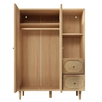Guarda-roupa estilo rústico, 2 portas, 2 gavetas & prateleiras abertas para muito espaço de arrumação, 120x44x161 cm, Cor natural(m-7)